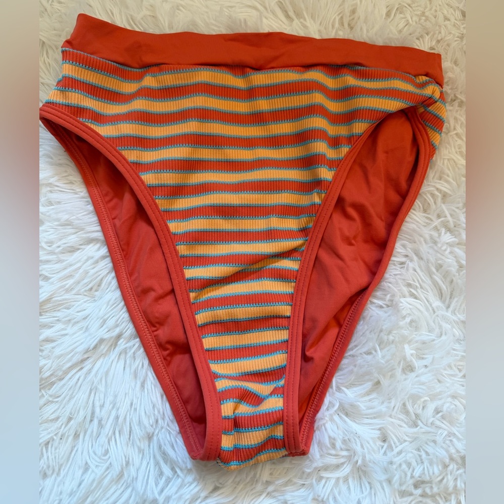 l*space Orange Ribbed High-Cut Bikini Bottom with Multicolor Stripes